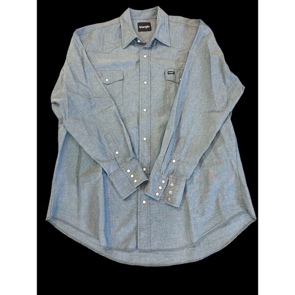 Wrangler Shirt Mens 2XT Blue Denim Western Pearl Snap Long Sleeve Cowboy - Picture 1 of 8